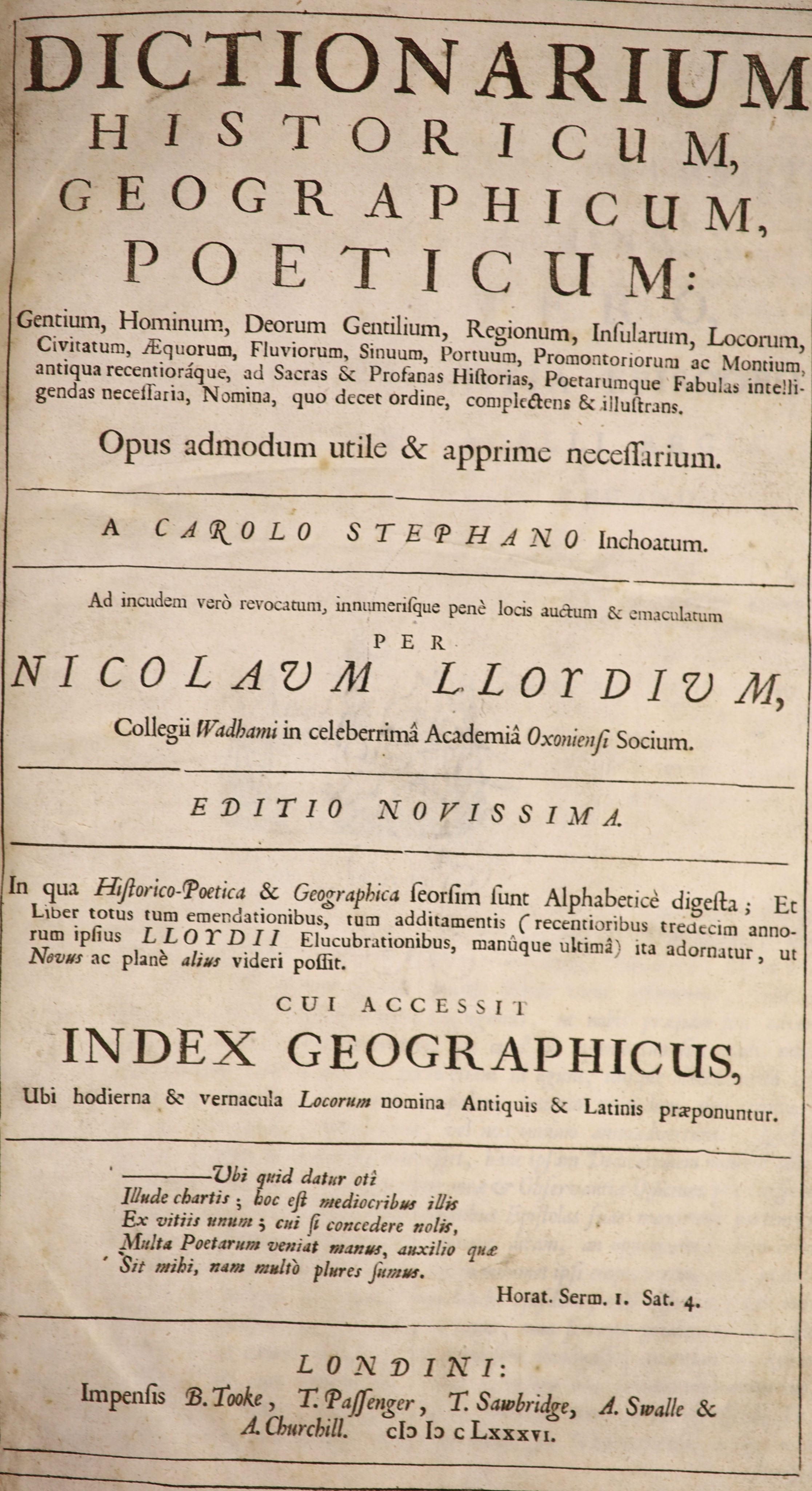 [Estienne, Charles] Dictionarium Historicum, Geographicum, Poeticum ... opus admodum utile & apprime necessarium ... editio novissima (by Nicholas Lloyd). newly rebound